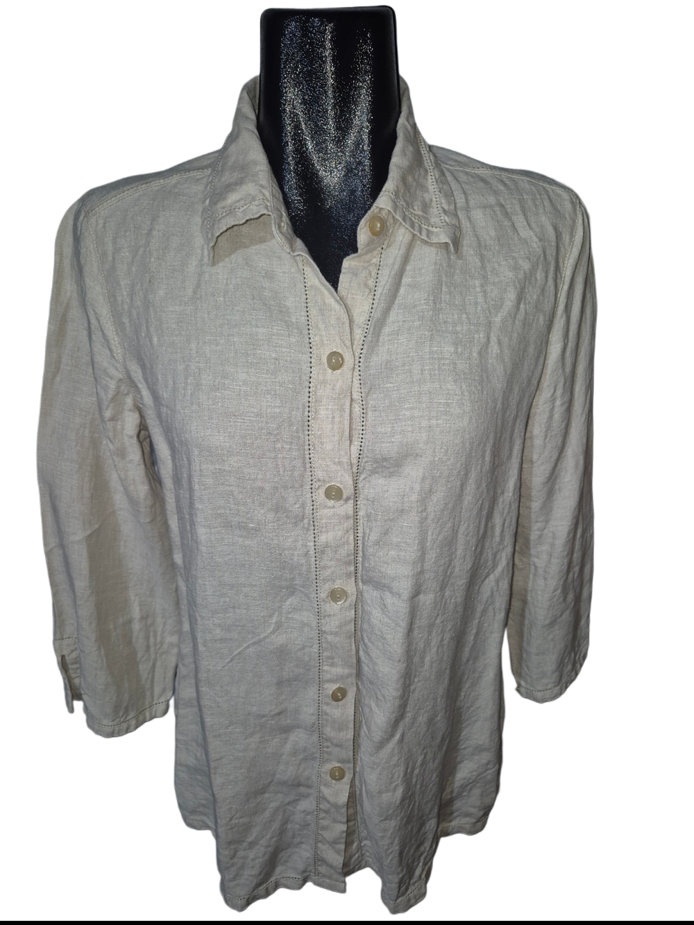 Liz Claiborne Cream 100% Linen Button-Up Cropped Sleeve Shirt Size M